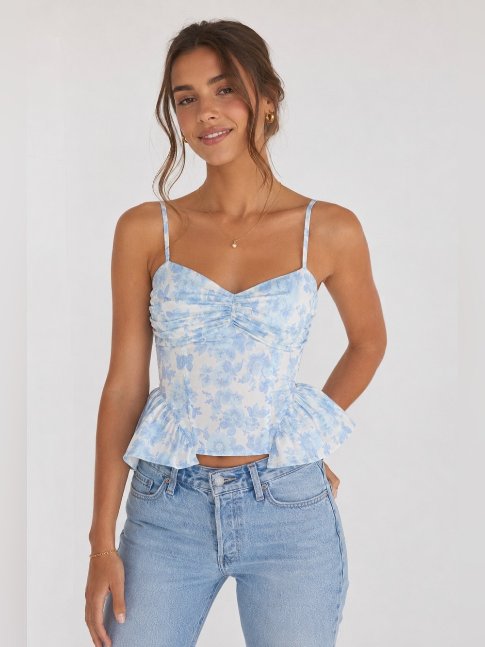 Light Blue Floral Peplum Cami Top
